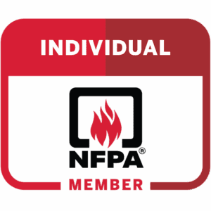 Red NFPA individual member badge with flame